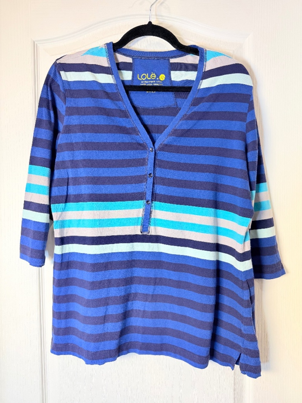 Lole XL Blue Turquoise Striped Organic Cotton Henley Top 3/4 Sleeve Lightweight